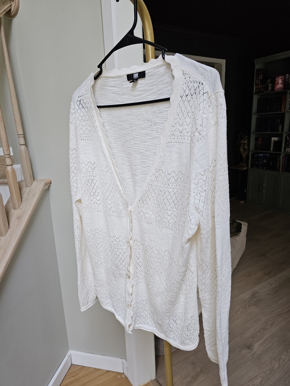 Frye Ivory Pointelle Cotton Cardigan Sweater Scalloped Hem Button Up XL - Picture 9 of 11